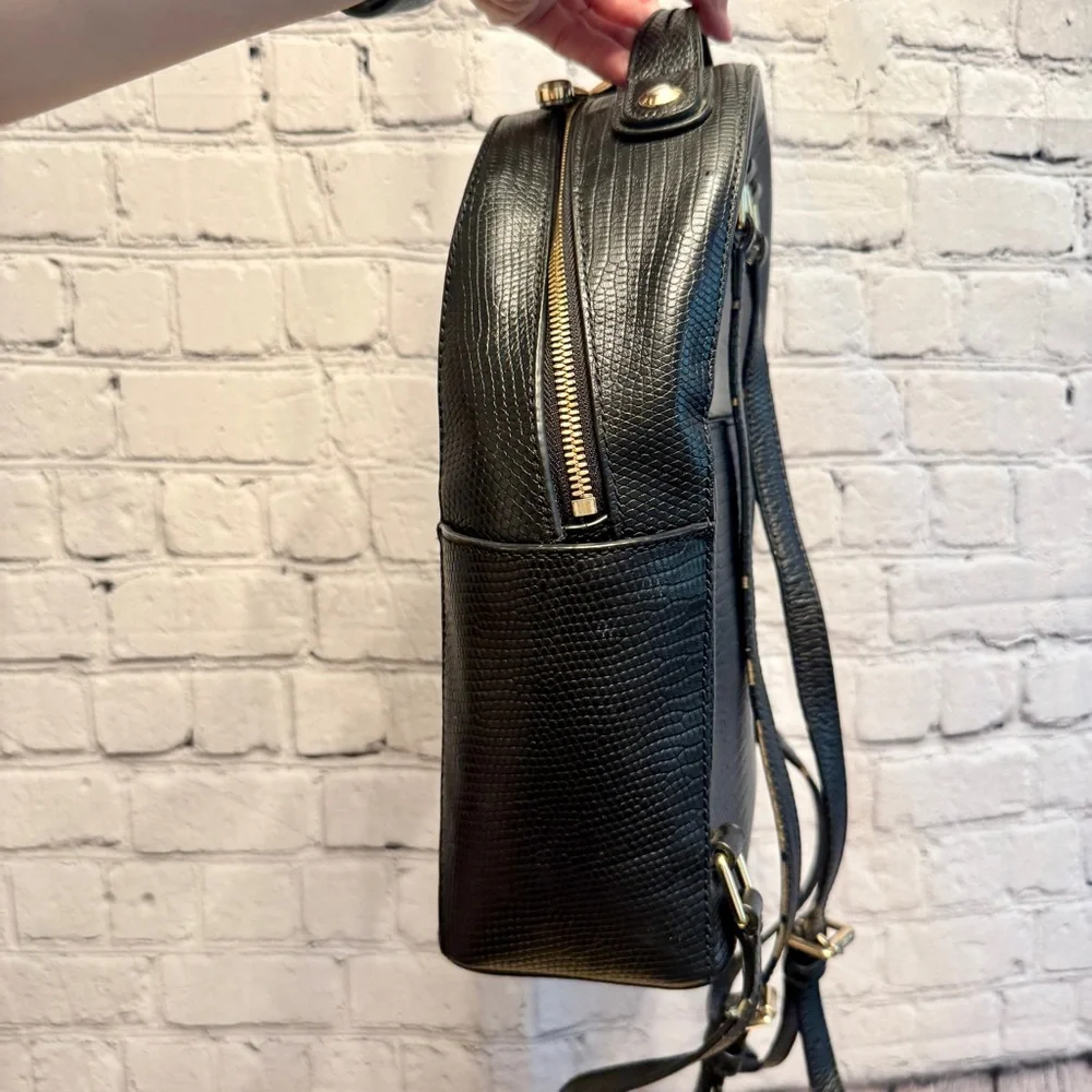 Henri Bendel Black Reptile Embossed Leather Backpack Structured Bag quiet luxury